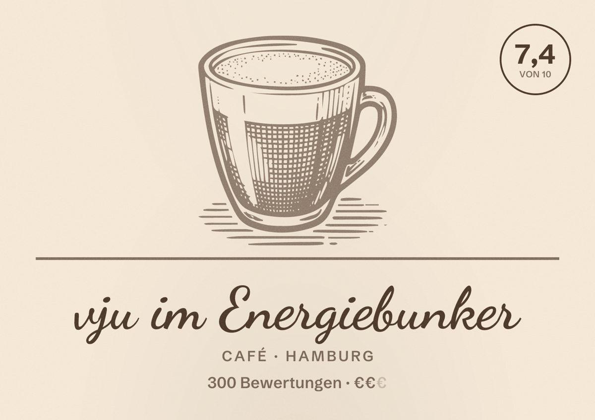 Illustriertes Poster von vju im Energiebunker, Café in Hamburg: Bewertung 7,4 von 10 aus 300 Bewertungen, Preisniveau €€