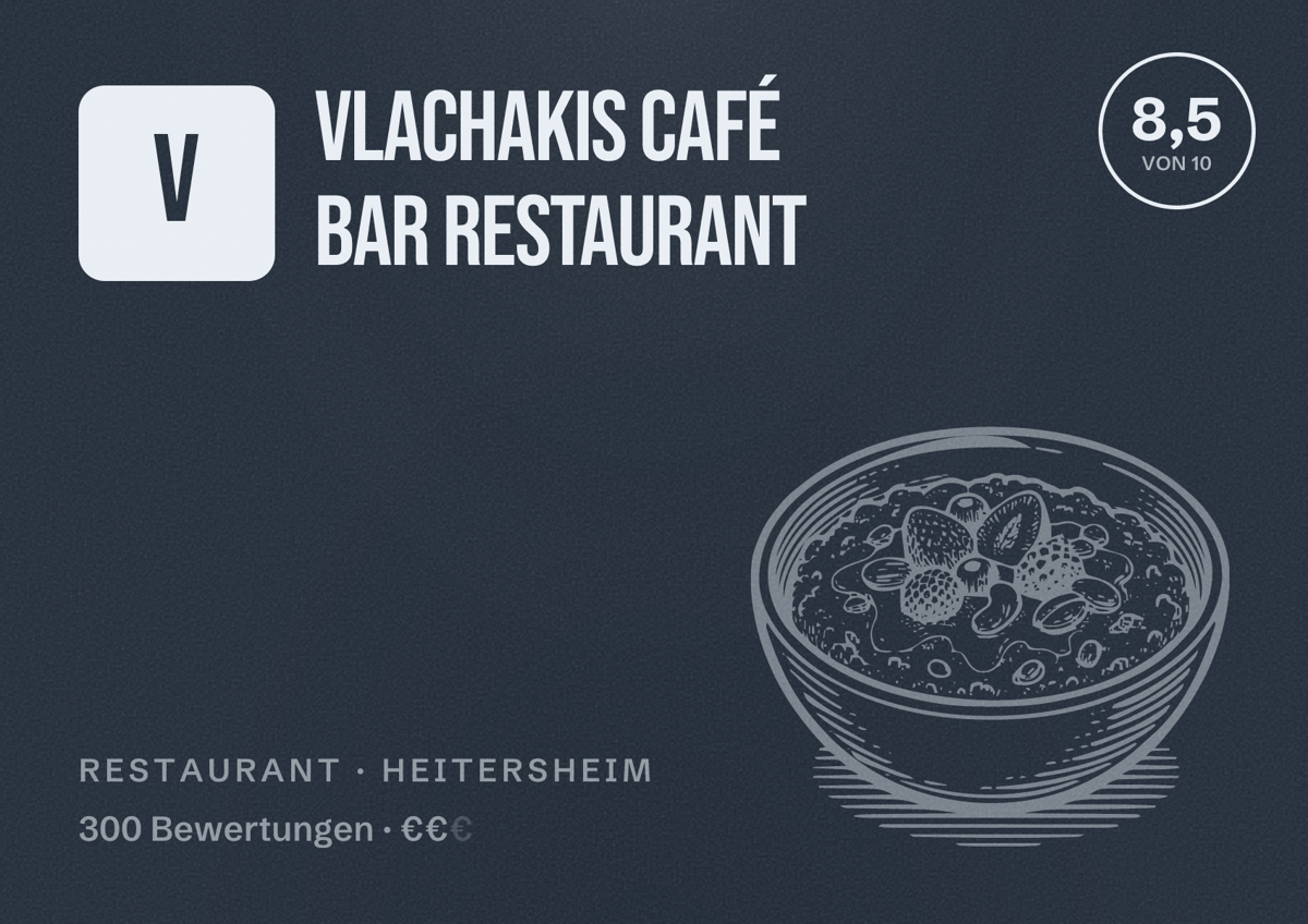 Illustriertes Poster von Vlachakis Café Bar Restaurant, Restaurant in Heitersheim: Bewertung 8,5 von 10 aus 300 Bewertungen, Preisniveau €€