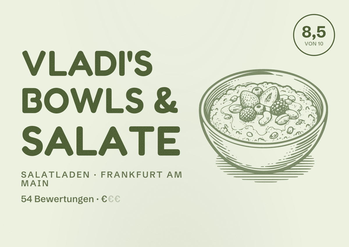 Illustriertes Poster von Vladi's Bowls & Salate, Salatladen in Frankfurt am Main: Bewertung 8,5 von 10 aus 54 Bewertungen, Preisniveau €