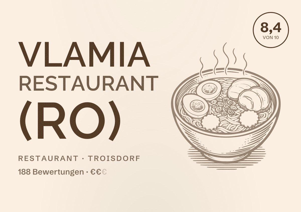 Illustriertes Poster von Vlamia Restaurant (Ro), Restaurant in Troisdorf: Bewertung 8,4 von 10 aus 188 Bewertungen, Preisniveau €€