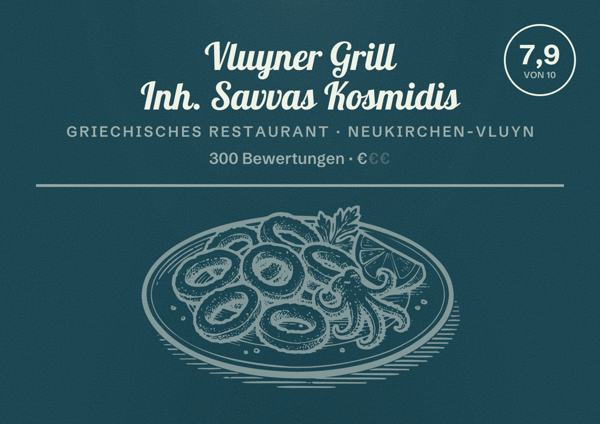 Illustriertes Poster von Vluyner Grill Inh. Savvas Kosmidis, Griechisches Restaurant in Neukirchen-Vluyn: Bewertung 7,9 von 10 aus 300 Bewertungen, Preisniveau €