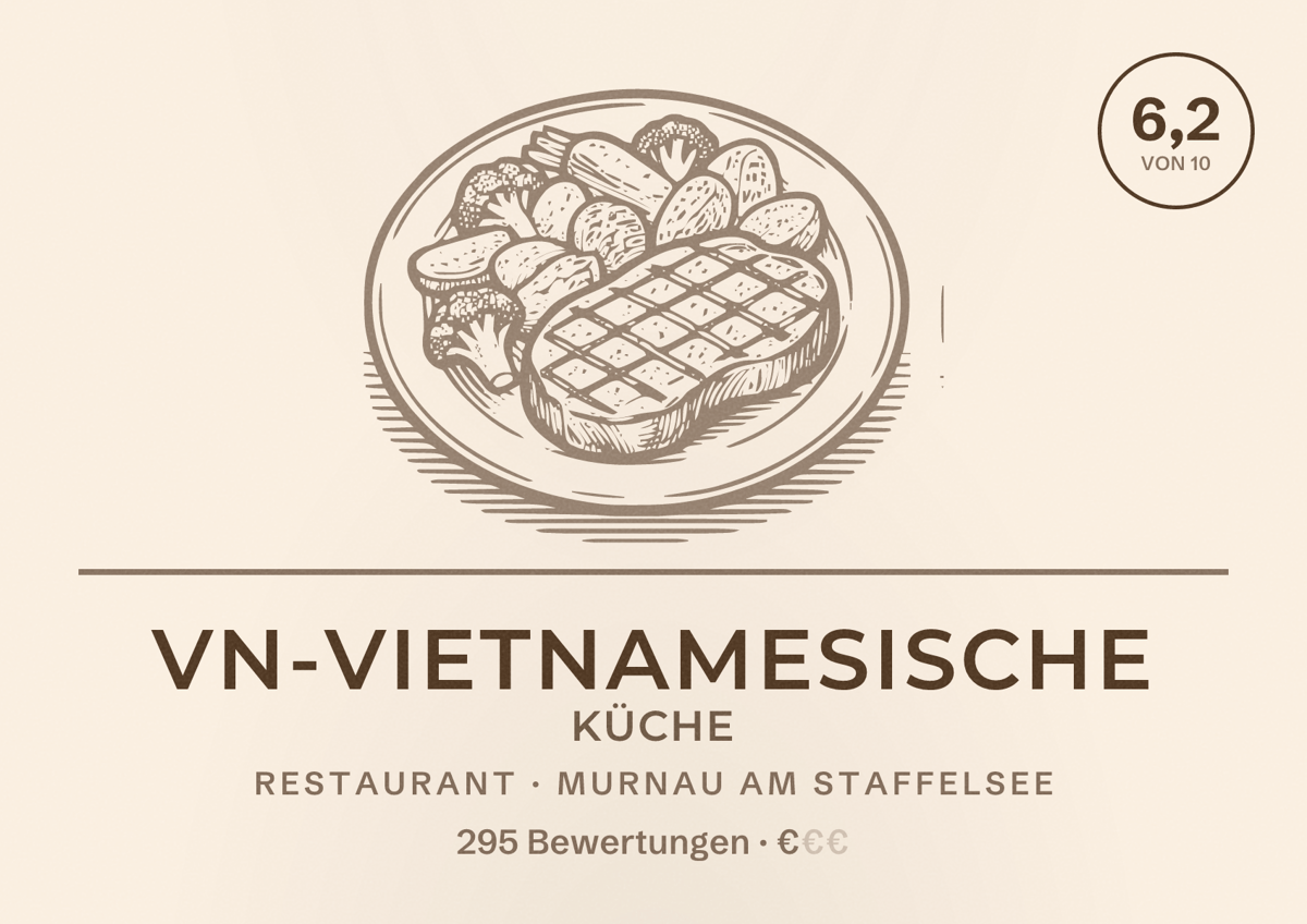Illustriertes Poster von VN-Vietnamesische Küche, Restaurant in Murnau am Staffelsee: Bewertung 6,2 von 10 aus 295 Bewertungen, Preisniveau €