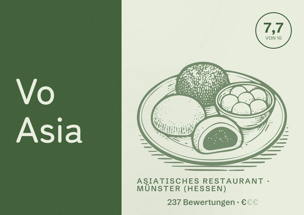 Illustriertes Poster von Vo Asia, Asiatisches Restaurant in Münster (Hessen): Bewertung 7,7 von 10 aus 237 Bewertungen, Preisniveau €