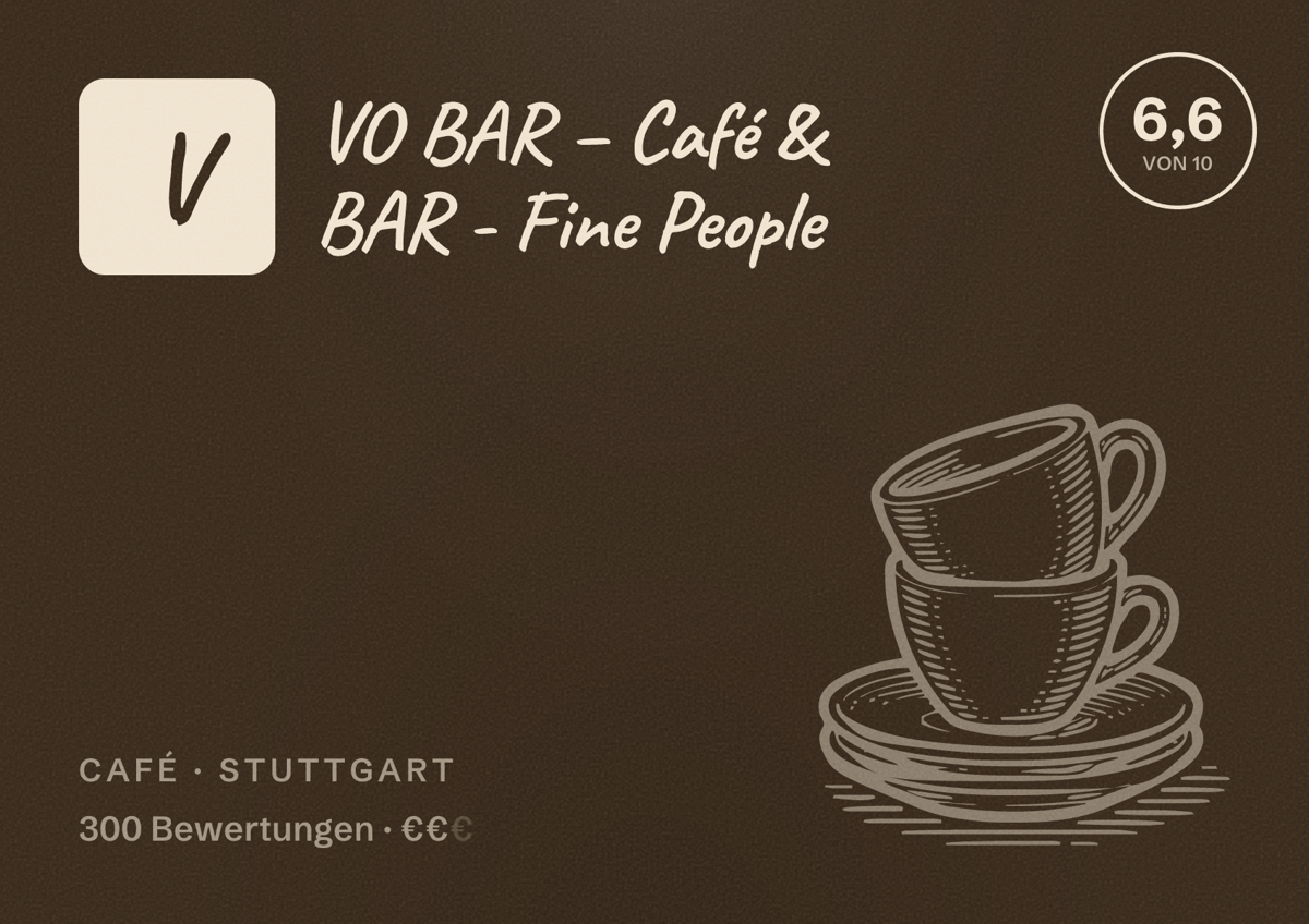 Illustriertes Poster von VO BAR – Café & BAR - Fine People, Café in Stuttgart: Bewertung 6,6 von 10 aus 300 Bewertungen, Preisniveau €€