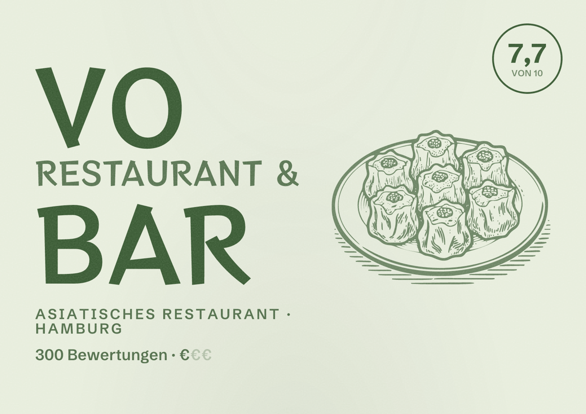 Illustriertes Poster von VO Restaurant & Bar, Asiatisches Restaurant in Hamburg: Bewertung 7,7 von 10 aus 300 Bewertungen, Preisniveau €