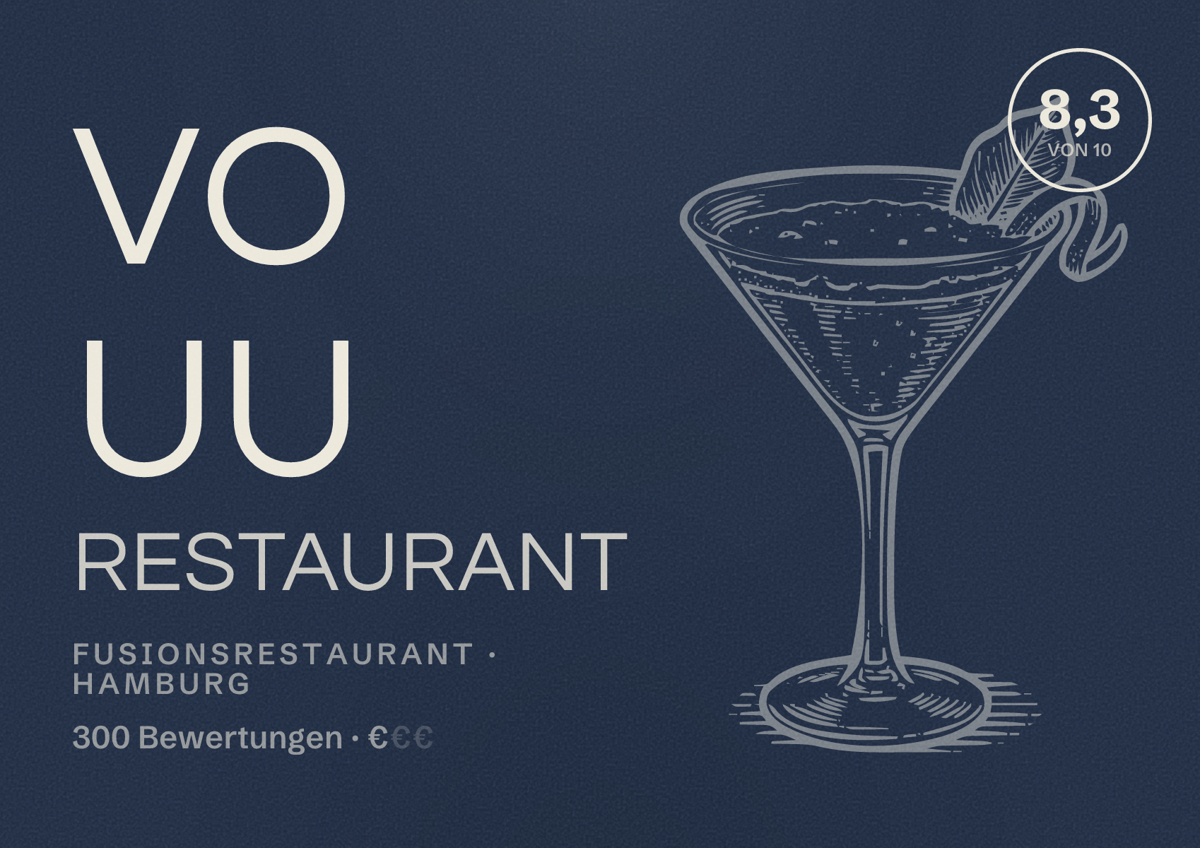 Illustriertes Poster von Vo Uu Restaurant, Fusionsrestaurant in Hamburg: Bewertung 8,3 von 10 aus 300 Bewertungen, Preisniveau €