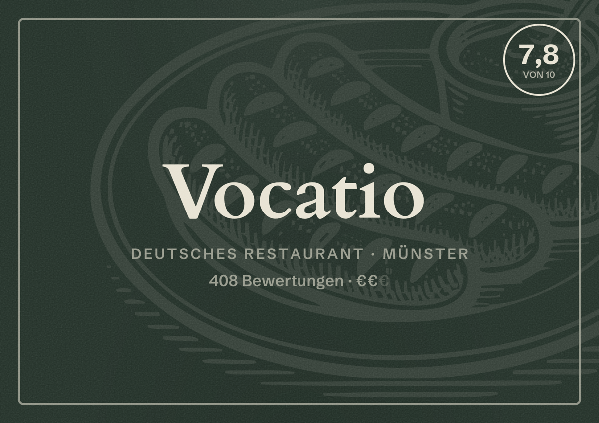 Illustriertes Poster von Vocatio, Deutsches Restaurant in Münster: Bewertung 7,8 von 10 aus 408 Bewertungen, Preisniveau €€