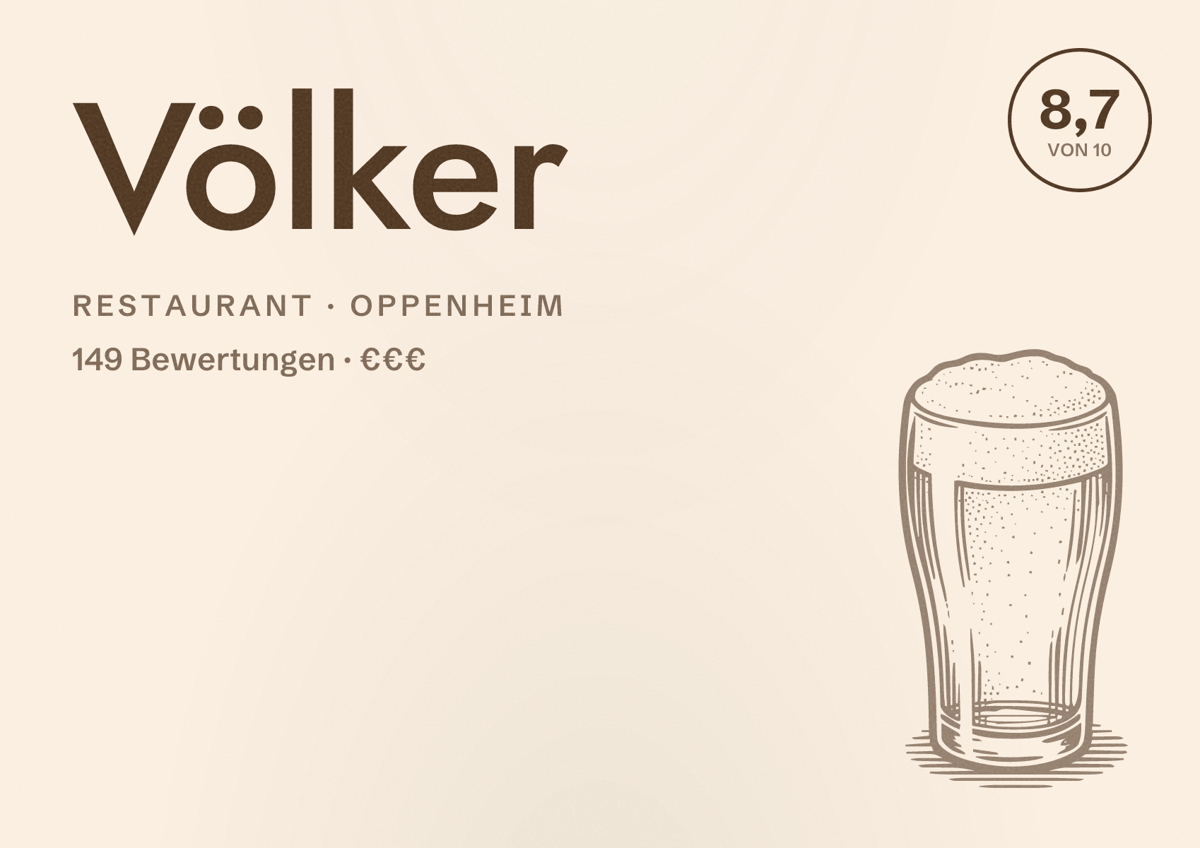 Illustriertes Poster von Völker, Restaurant in Oppenheim: Bewertung 8,7 von 10 aus 149 Bewertungen, Preisniveau €€€