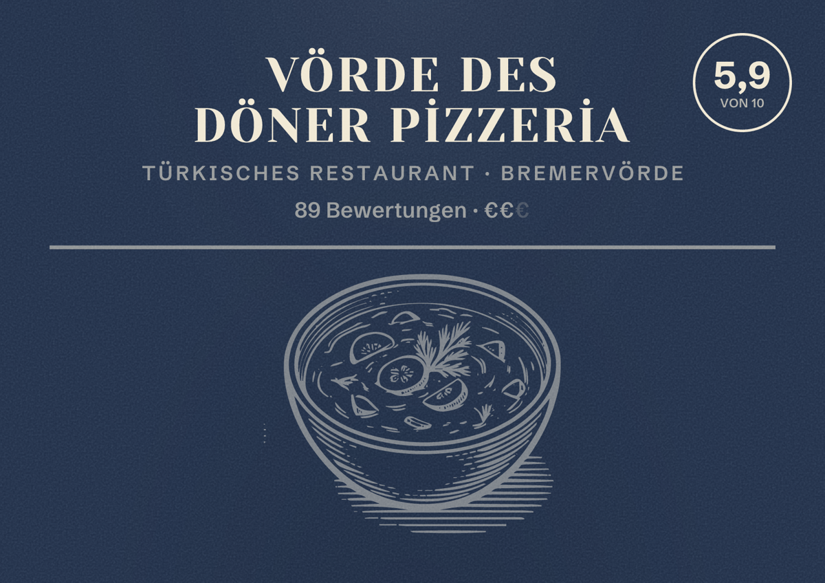 Illustriertes Poster von VÖRDE DES DÖNER PİZZERİA, Türkisches Restaurant in Bremervörde: Bewertung 5,9 von 10 aus 89 Bewertungen, Preisniveau €€