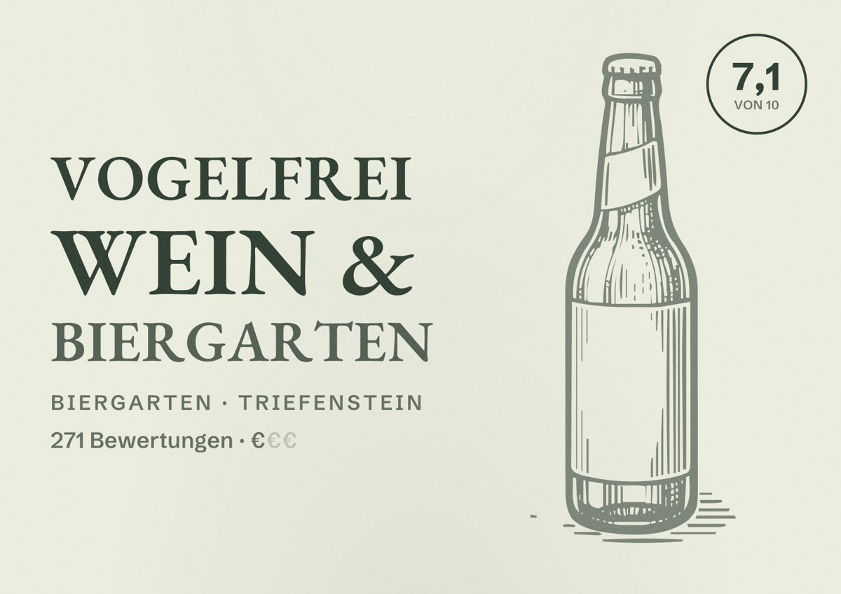 Illustriertes Poster von Vogelfrei Wein & Biergarten, Biergarten in Triefenstein: Bewertung 7,1 von 10 aus 271 Bewertungen, Preisniveau €