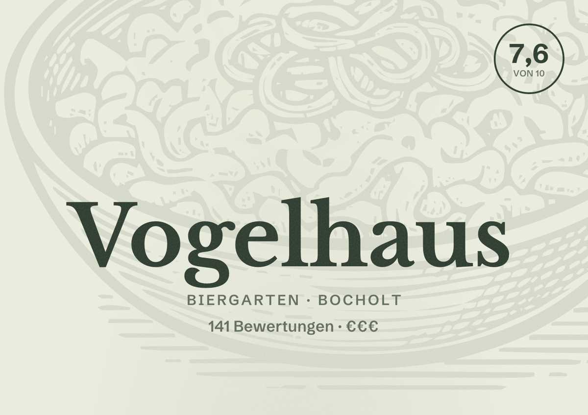 Illustriertes Poster von Vogelhaus, Biergarten in Bocholt: Bewertung 7,6 von 10 aus 141 Bewertungen, Preisniveau €€€
