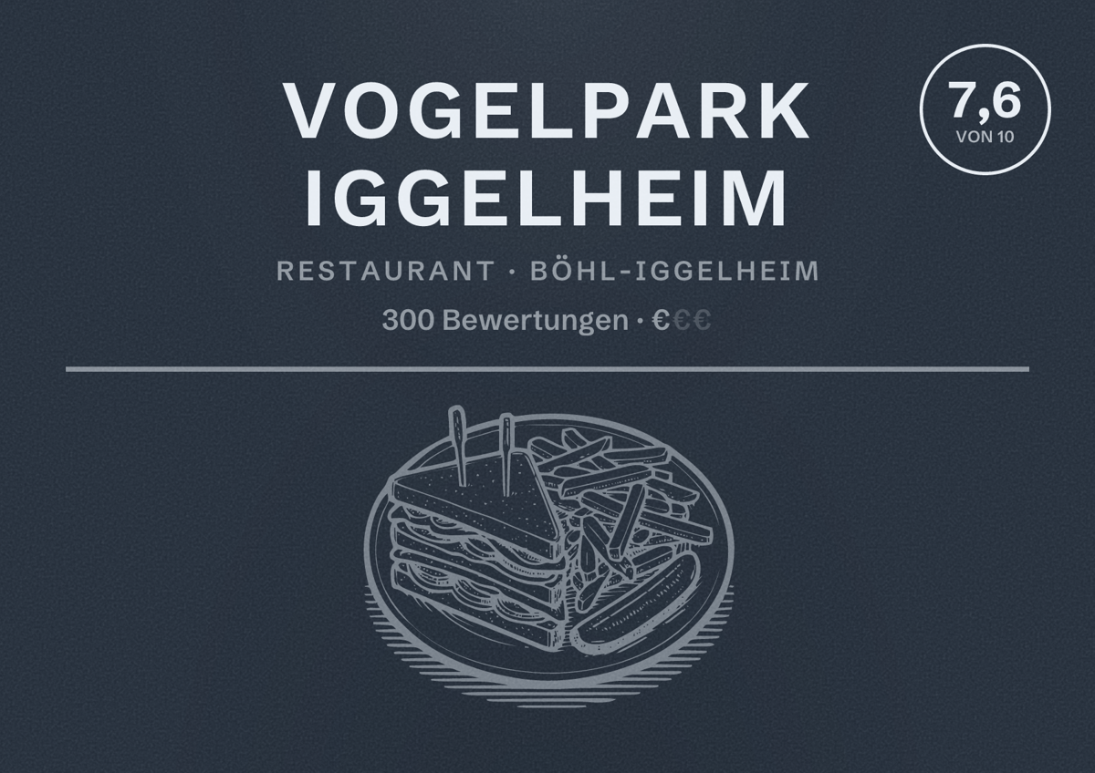Illustriertes Poster von Vogelpark Iggelheim, Restaurant in Böhl-Iggelheim: Bewertung 7,6 von 10 aus 300 Bewertungen, Preisniveau €