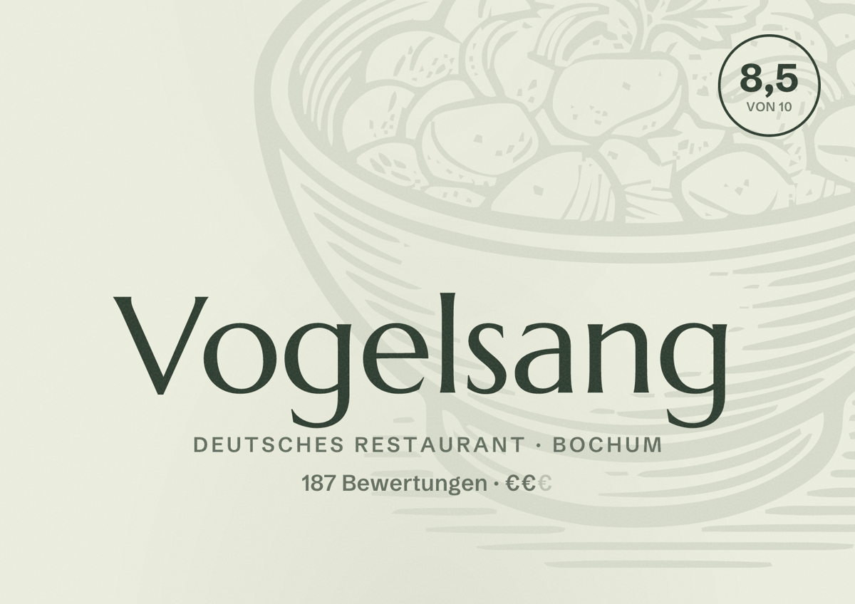 Illustriertes Poster von Vogelsang, Deutsches Restaurant in Bochum: Bewertung 8,5 von 10 aus 187 Bewertungen, Preisniveau €€