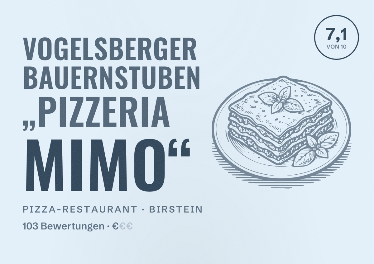 Illustriertes Poster von Vogelsberger Bauernstuben „Pizzeria Mimo“, Pizza-Restaurant in Birstein: Bewertung 7,1 von 10 aus 103 Bewertungen, Preisniveau €
