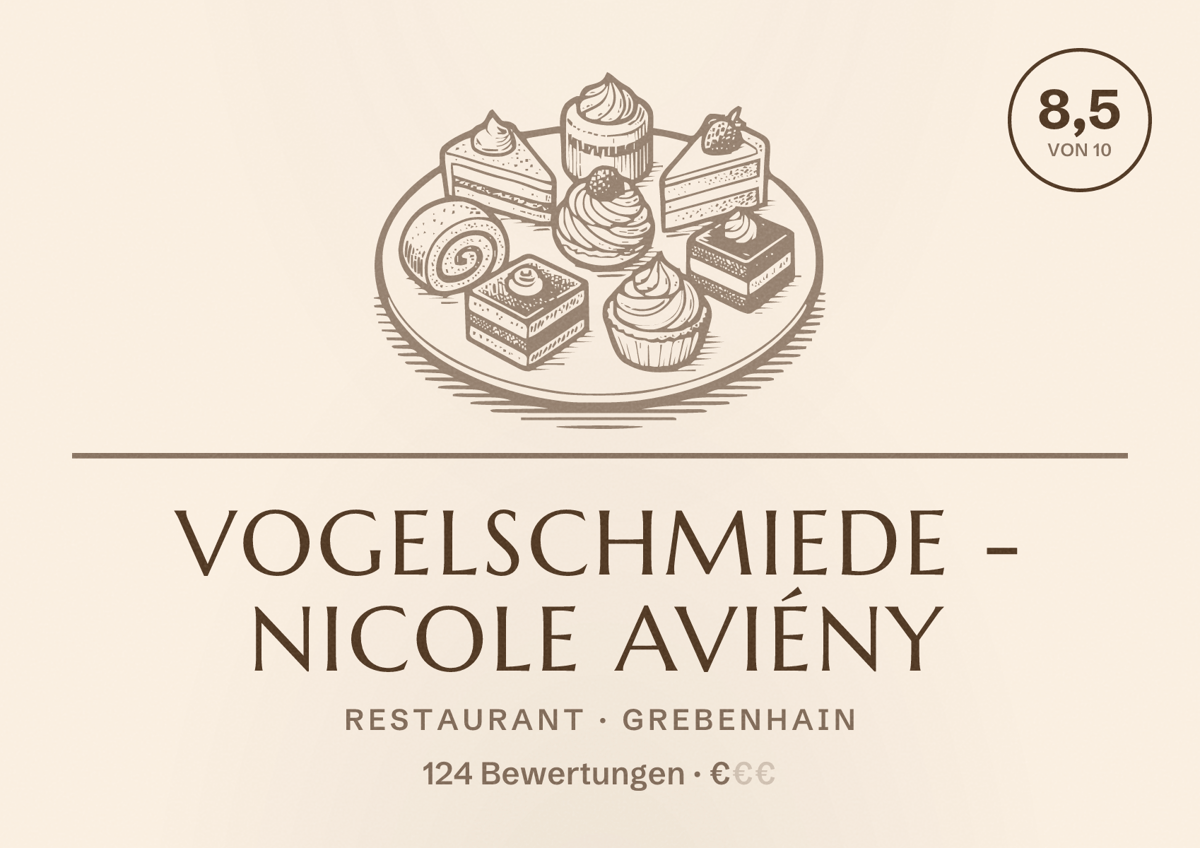 Illustriertes Poster von Vogelschmiede - Nicole Aviény, Restaurant in Grebenhain: Bewertung 8,5 von 10 aus 124 Bewertungen, Preisniveau €