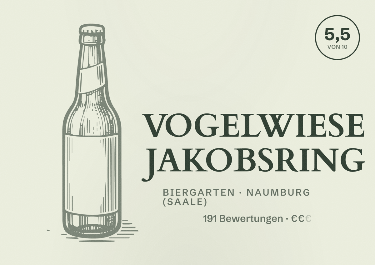 Illustriertes Poster von VOGELWIESE JAKOBSRING, Biergarten in Naumburg (Saale): Bewertung 5,5 von 10 aus 191 Bewertungen, Preisniveau €€