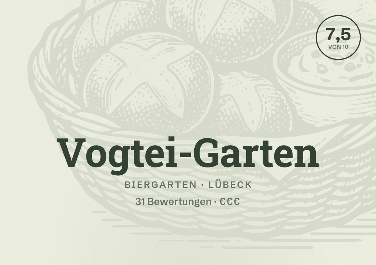Illustriertes Poster von Vogtei-Garten, Biergarten in Lübeck: Bewertung 7,5 von 10 aus 31 Bewertungen, Preisniveau €€€
