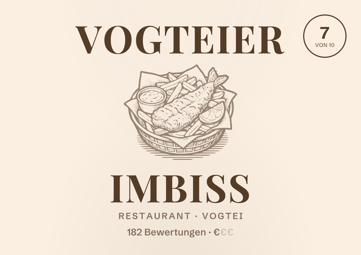 Illustriertes Poster von Vogteier imbiss, Restaurant in Vogtei: Bewertung 7 von 10 aus 182 Bewertungen, Preisniveau €