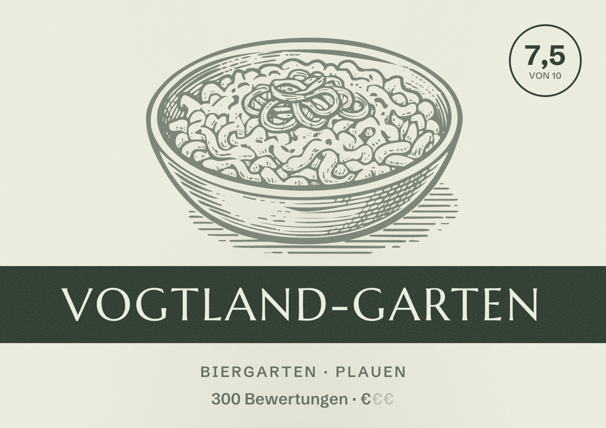 Illustriertes Poster von Vogtland-Garten, Biergarten in Plauen: Bewertung 7,5 von 10 aus 300 Bewertungen, Preisniveau €