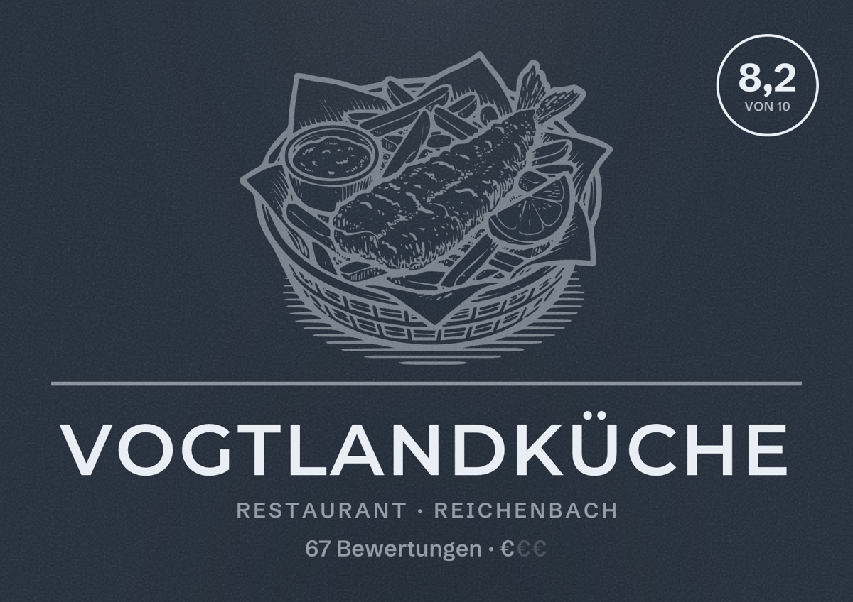 Illustriertes Poster von Vogtlandküche, Restaurant in Reichenbach: Bewertung 8,2 von 10 aus 67 Bewertungen, Preisniveau €