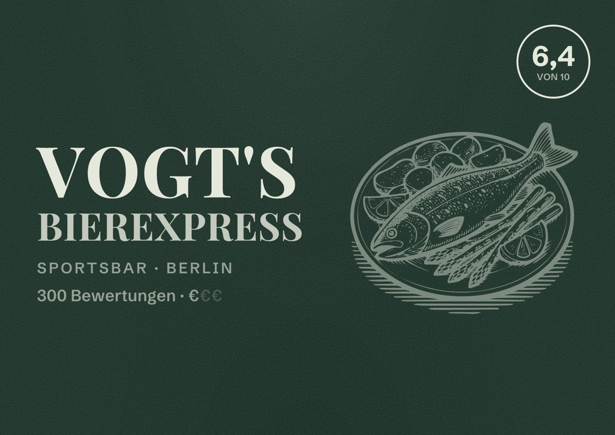 Illustriertes Poster von Vogt's Bierexpress, Sportsbar in Berlin: Bewertung 6,4 von 10 aus 300 Bewertungen, Preisniveau €