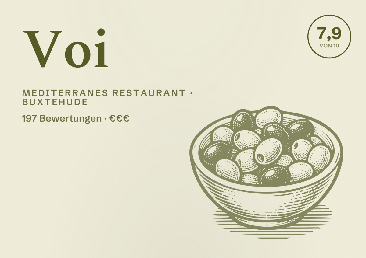 Illustriertes Poster von Voi, Mediterranes Restaurant in Buxtehude: Bewertung 7,9 von 10 aus 197 Bewertungen, Preisniveau €€€