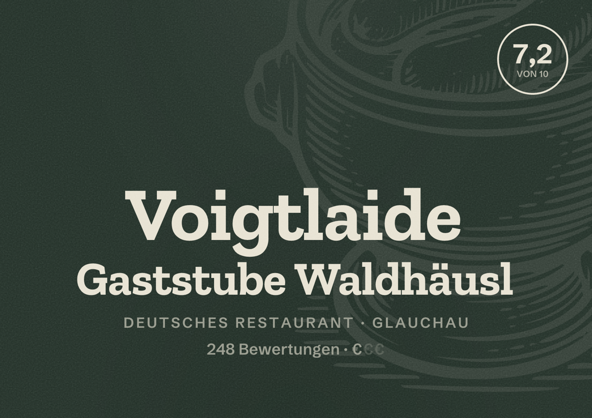 Illustriertes Poster von Voigtlaide Gaststube Waldhäusl, Deutsches Restaurant in Glauchau: Bewertung 7,2 von 10 aus 248 Bewertungen, Preisniveau €