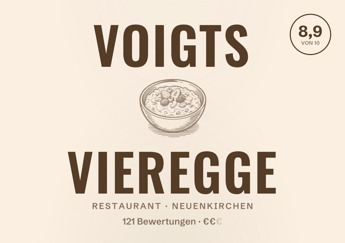 Illustriertes Poster von Voigts Vieregge, Restaurant in Neuenkirchen: Bewertung 8,9 von 10 aus 121 Bewertungen, Preisniveau €€