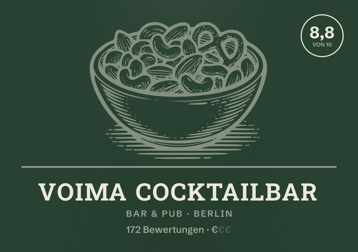 Illustriertes Poster von Voima Cocktailbar, Bar & Pub in Berlin: Bewertung 8,8 von 10 aus 172 Bewertungen, Preisniveau €