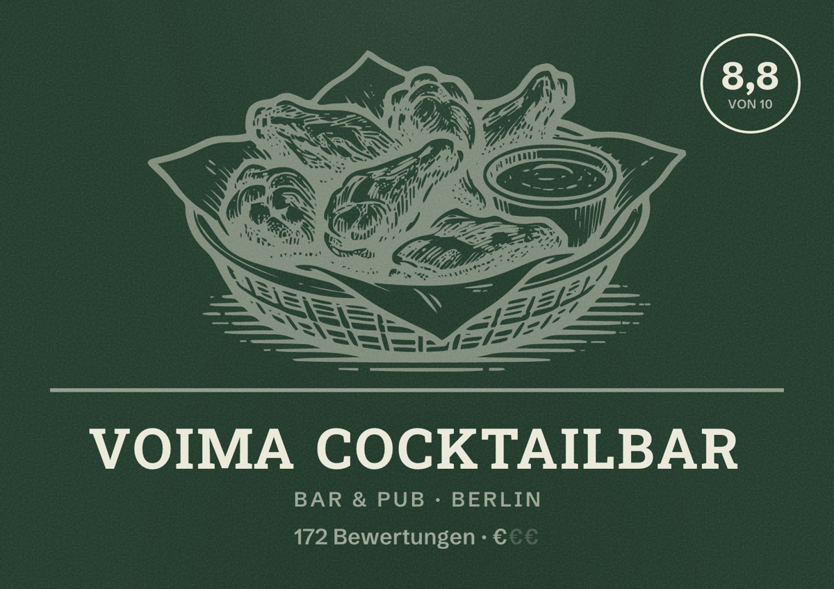 Illustriertes Poster von Voima Cocktailbar, Bar & Pub in Berlin: Bewertung 8,8 von 10 aus 172 Bewertungen, Preisniveau €