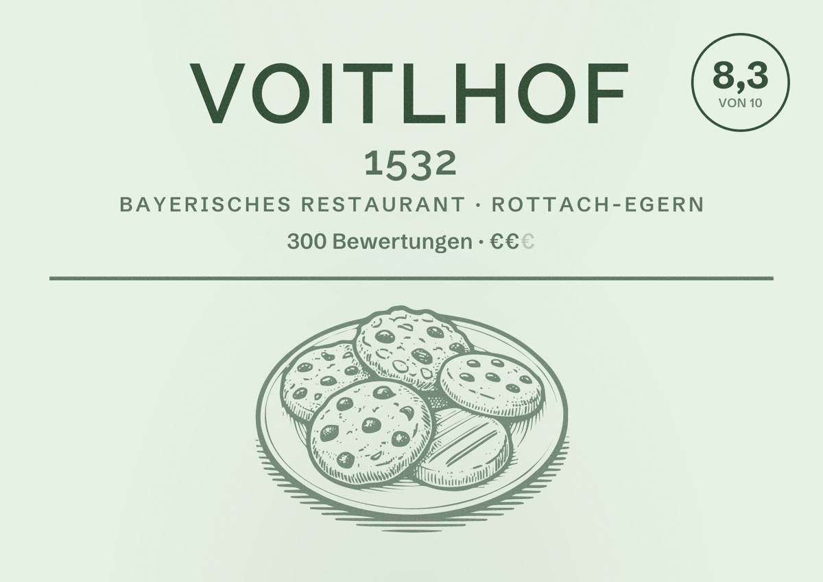 Illustriertes Poster von Voitlhof 1532, Bayerisches Restaurant in Rottach-Egern: Bewertung 8,3 von 10 aus 300 Bewertungen, Preisniveau €€