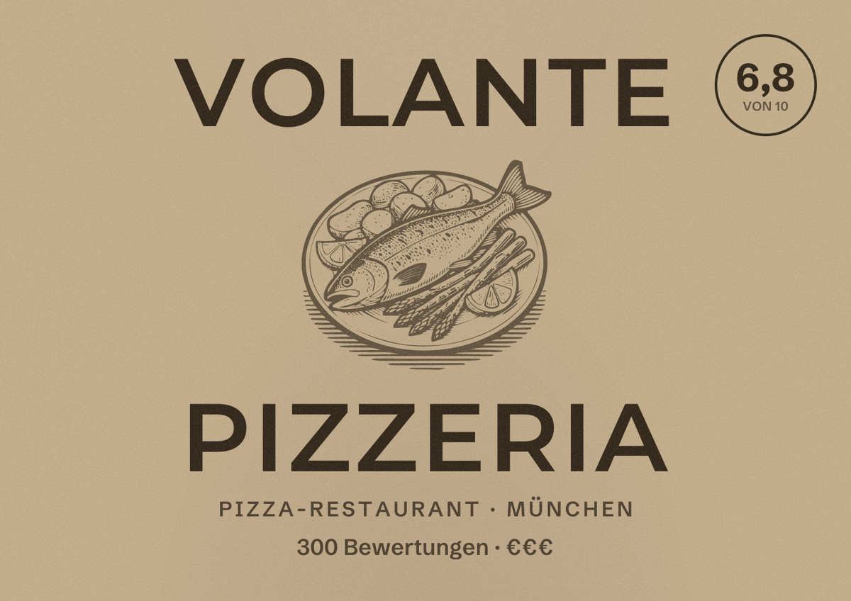 Illustriertes Poster von Volante Pizzeria, Pizza-Restaurant in München: Bewertung 6,8 von 10 aus 300 Bewertungen, Preisniveau €€€