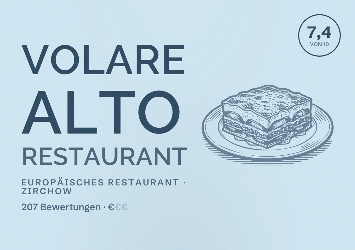 Illustriertes Poster von Volare Alto Restaurant, Europäisches Restaurant in Zirchow: Bewertung 7,4 von 10 aus 207 Bewertungen, Preisniveau €