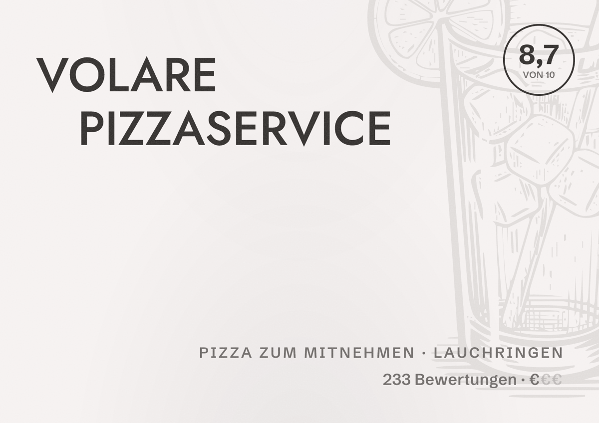 Illustriertes Poster von VOLARE PIZZASERVICE, Pizza zum Mitnehmen in Lauchringen: Bewertung 8,7 von 10 aus 233 Bewertungen, Preisniveau €
