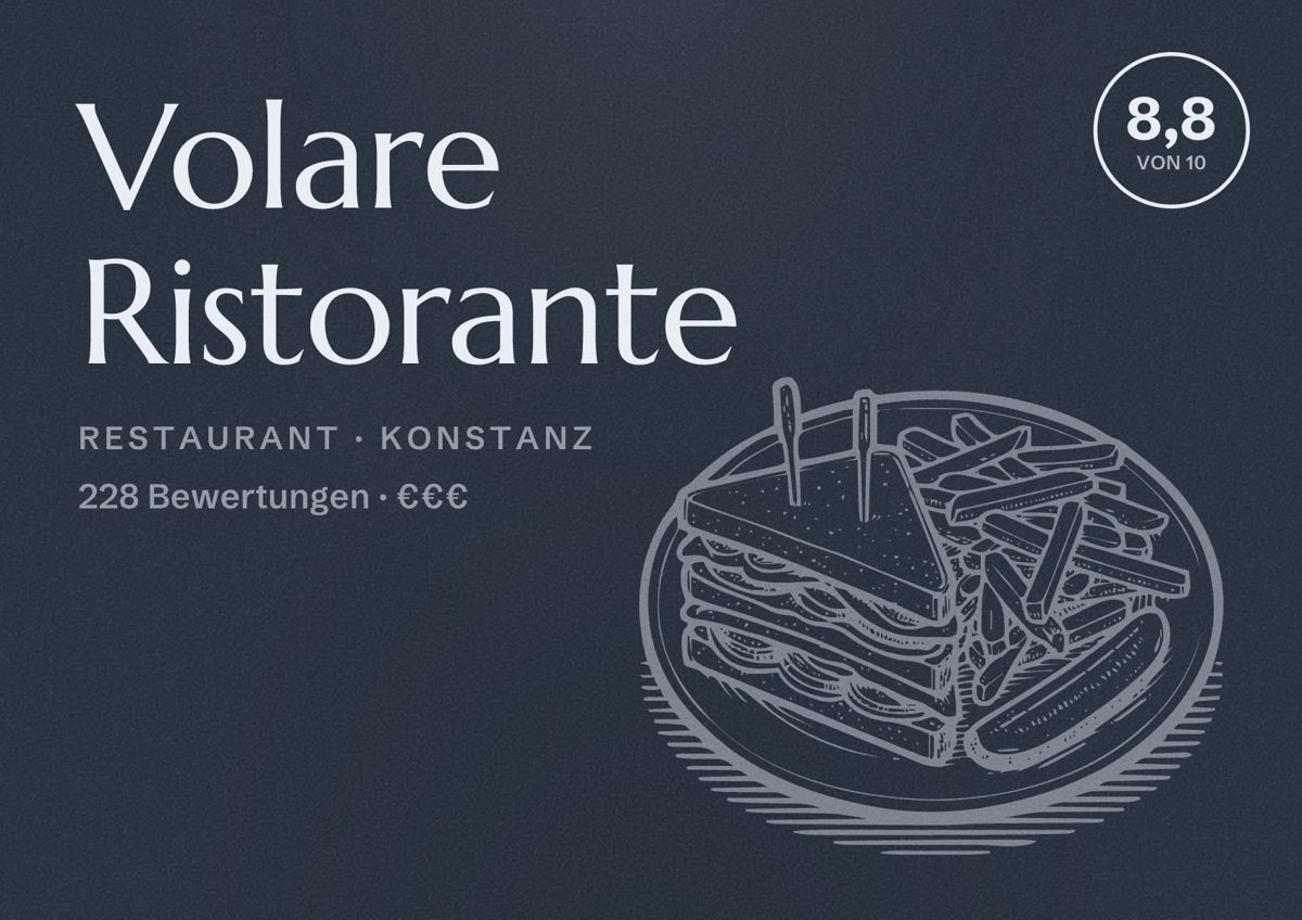 Illustriertes Poster von Volare Ristorante, Restaurant in Konstanz: Bewertung 8,8 von 10 aus 228 Bewertungen, Preisniveau €€€