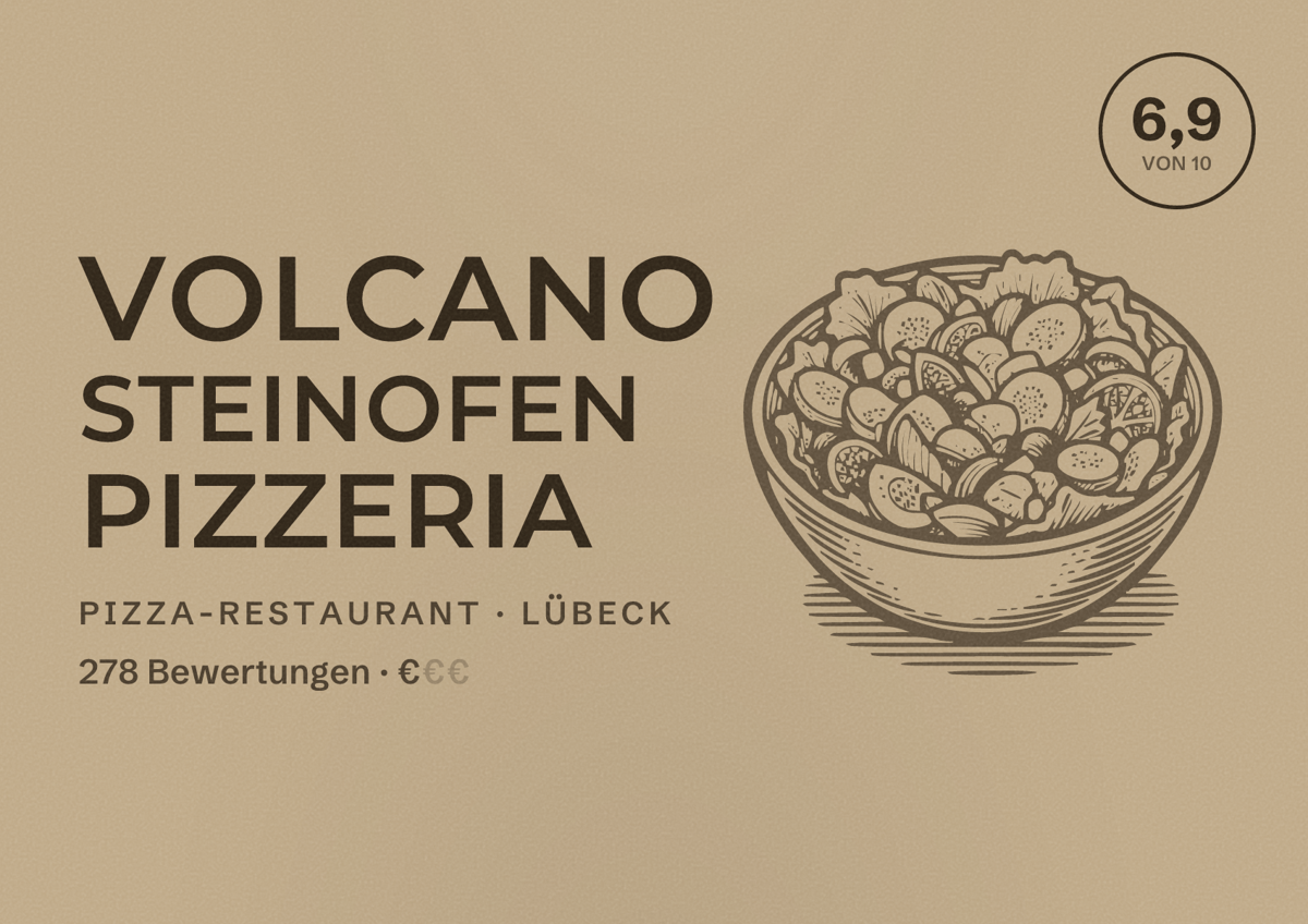 Illustriertes Poster von Volcano STEINOFEN pizzeria, Pizza-Restaurant in Lübeck: Bewertung 6,9 von 10 aus 278 Bewertungen, Preisniveau €