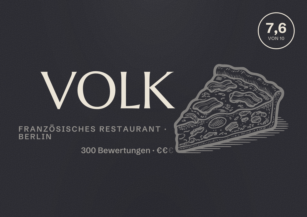 Illustriertes Poster von VOLK, Französisches Restaurant in Berlin: Bewertung 7,6 von 10 aus 300 Bewertungen, Preisniveau €€