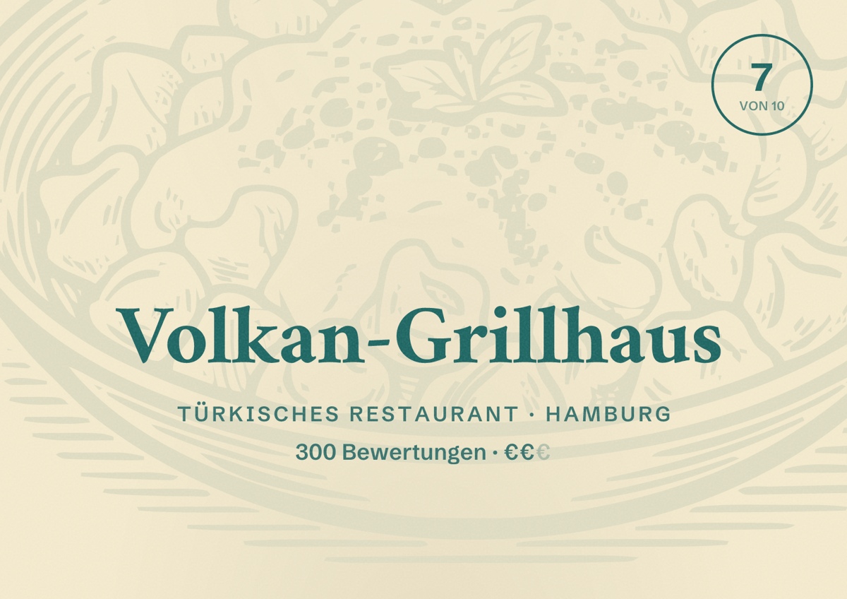 Illustriertes Poster von Volkan-Grillhaus, Türkisches Restaurant in Hamburg: Bewertung 7,0 von 10 aus 300 Bewertungen, Preisniveau €€