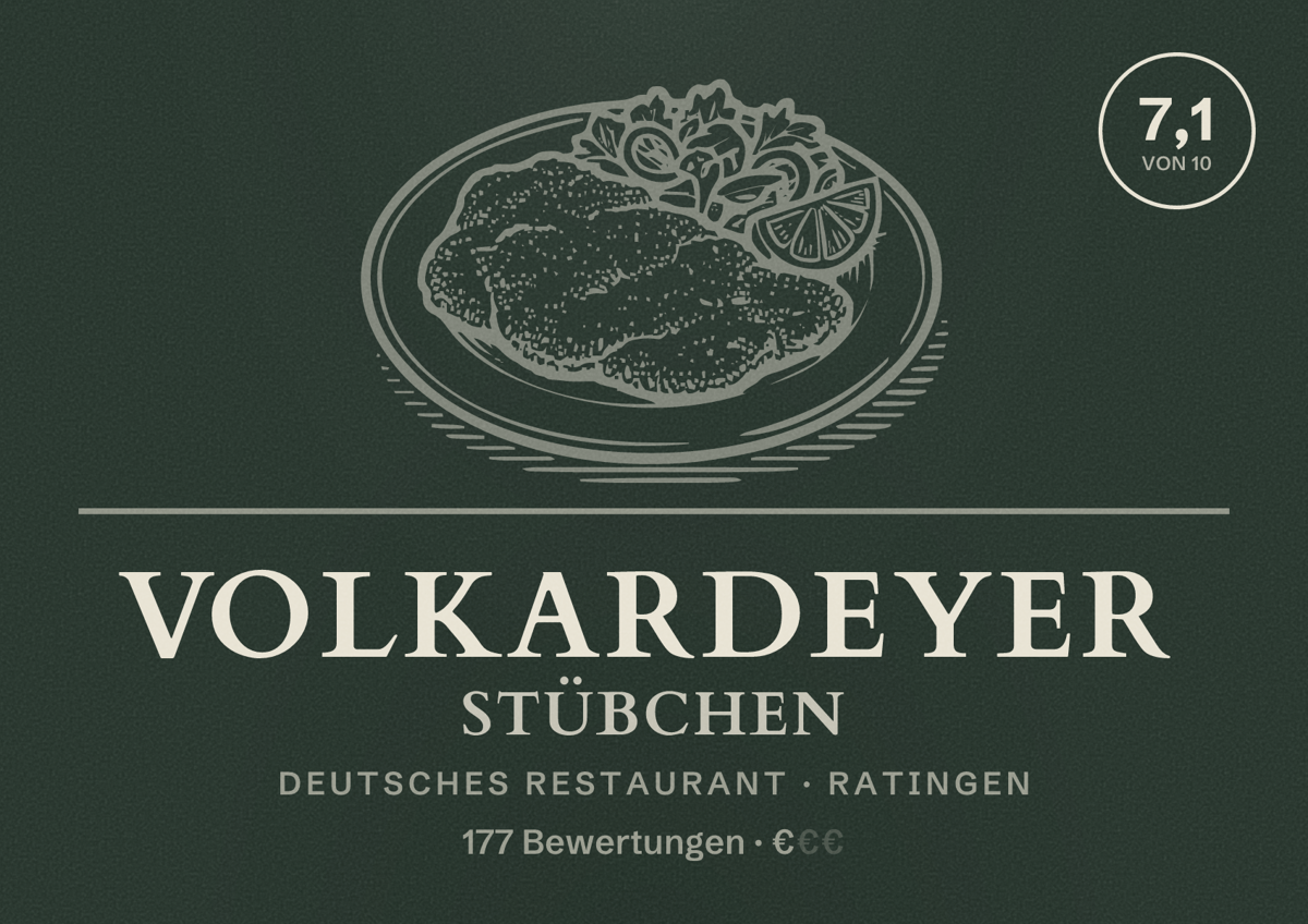 Illustriertes Poster von Volkardeyer Stübchen, Deutsches Restaurant in Ratingen: Bewertung 7,1 von 10 aus 177 Bewertungen, Preisniveau €