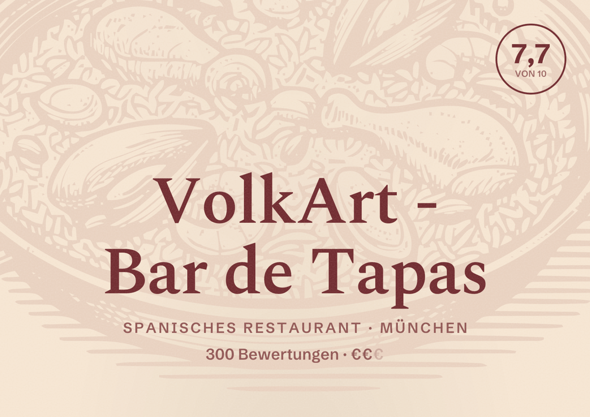 Illustriertes Poster von VolkArt - Bar de Tapas, Spanisches Restaurant in München: Bewertung 7,7 von 10 aus 300 Bewertungen, Preisniveau €€