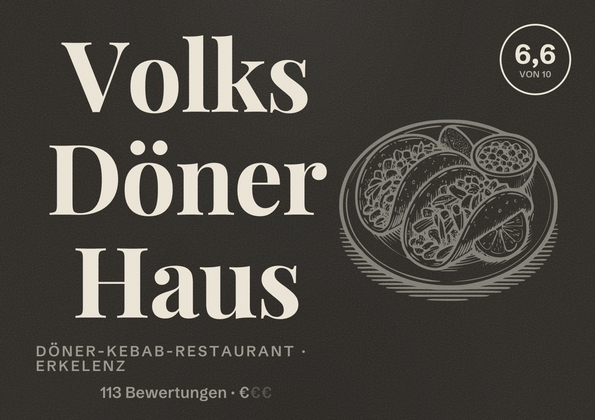 Illustriertes Poster von Volks Döner Haus, Döner-Kebab-Restaurant in Erkelenz: Bewertung 6,6 von 10 aus 113 Bewertungen, Preisniveau €