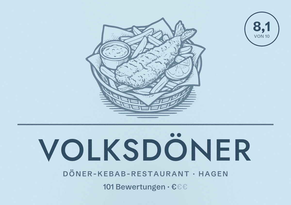 Illustriertes Poster von Volksdöner, Döner-Kebab-Restaurant in Hagen: Bewertung 8,1 von 10 aus 101 Bewertungen, Preisniveau €