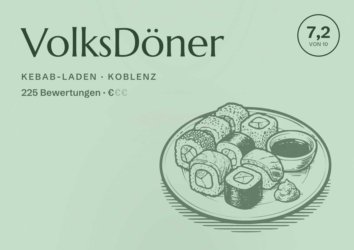 Illustriertes Poster von VolksDöner, Kebab-Laden in Koblenz: Bewertung 7,2 von 10 aus 225 Bewertungen, Preisniveau €