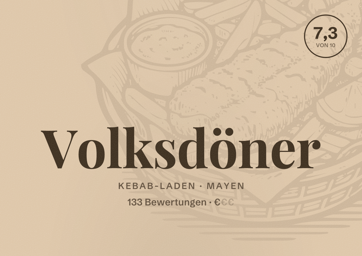 Illustriertes Poster von Volksdöner, Kebab-Laden in Mayen: Bewertung 7,3 von 10 aus 133 Bewertungen, Preisniveau €