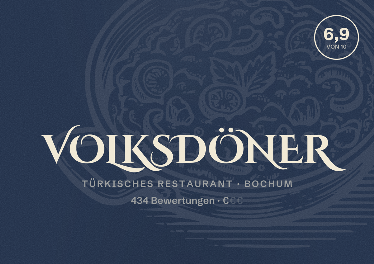 Illustriertes Poster von volksdöner, Türkisches Restaurant in Bochum: Bewertung 6,9 von 10 aus 434 Bewertungen, Preisniveau €