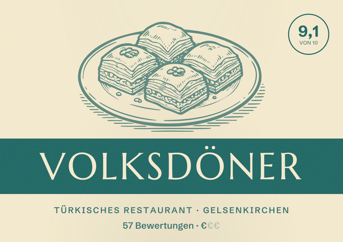 Illustriertes Poster von Volksdöner, Türkisches Restaurant in Gelsenkirchen: Bewertung 9,1 von 10 aus 57 Bewertungen, Preisniveau €