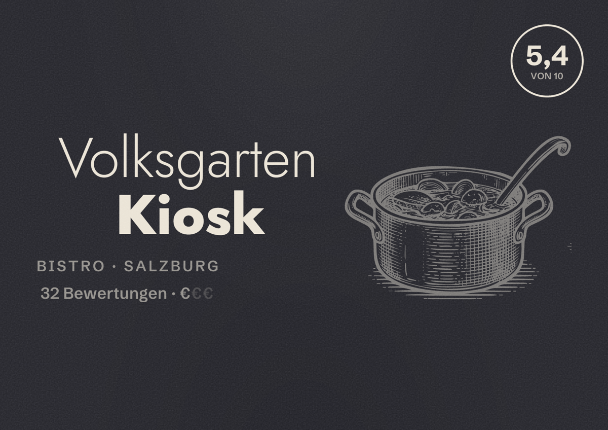 Illustriertes Poster von Volksgarten Kiosk, Bistro in Salzburg: Bewertung 5,4 von 10 aus 32 Bewertungen, Preisniveau €