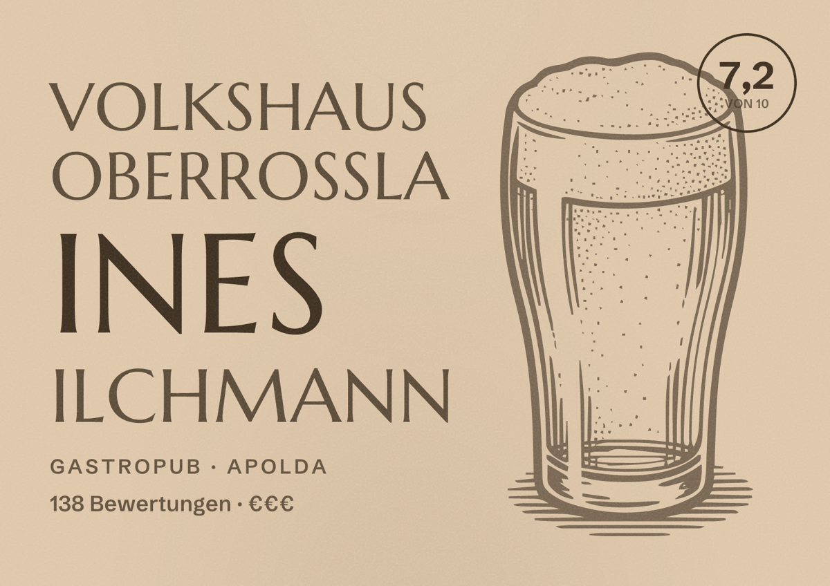 Illustriertes Poster von Volkshaus Oberroßla Ines Ilchmann, Gastropub in Apolda: Bewertung 7,2 von 10 aus 138 Bewertungen, Preisniveau €€€
