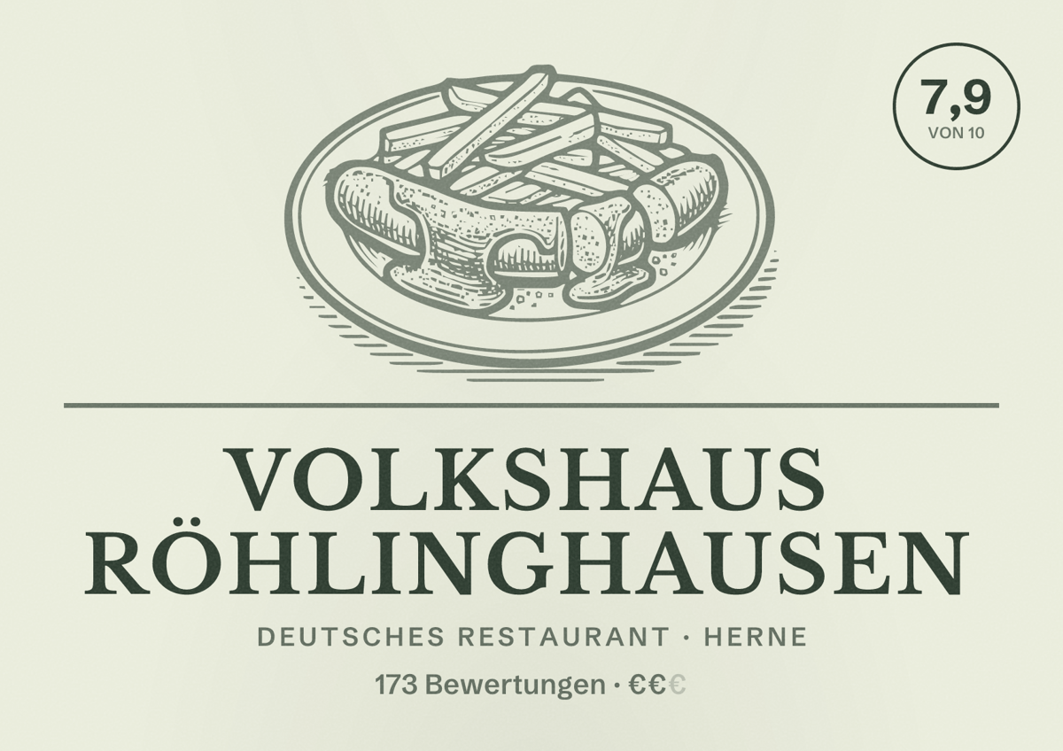 Illustriertes Poster von Volkshaus Röhlinghausen, Deutsches Restaurant in Herne: Bewertung 7,9 von 10 aus 173 Bewertungen, Preisniveau €€