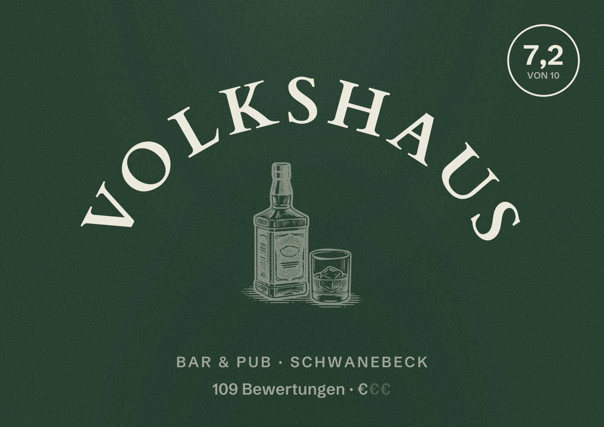 Illustriertes Poster von Volkshaus, Bar & Pub in Schwanebeck: Bewertung 7,2 von 10 aus 109 Bewertungen, Preisniveau €